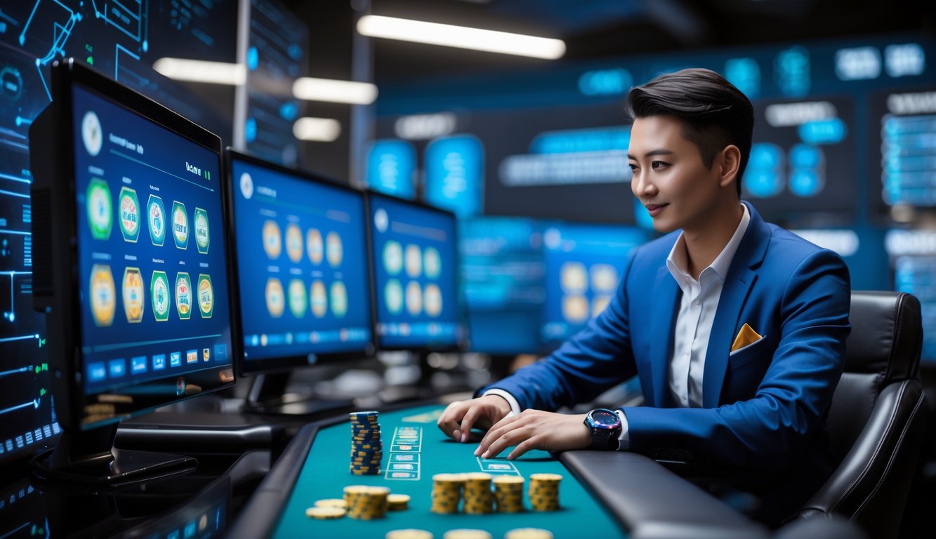 Seorang dealer profesional duduk di depan beberapa monitor yang menampilkan permainan kartu digital dan status server dalam ruangan modern dengan peralatan teknologi.