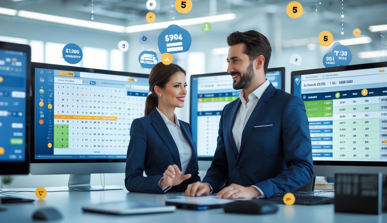 Seorang pria dan wanita berpakaian rapi sedang berdiskusi di depan beberapa monitor komputer yang menampilkan data lotere di sebuah kantor modern.