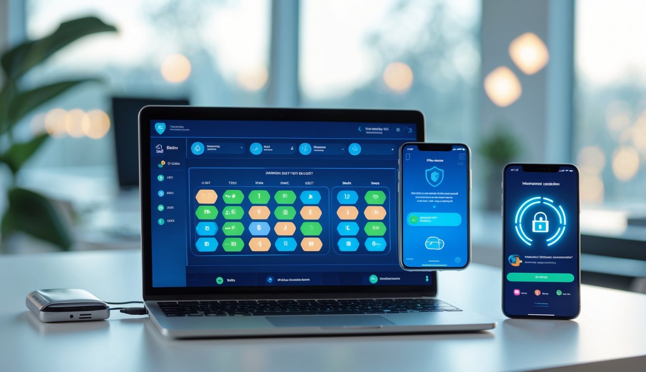 Meja kerja modern dengan laptop dan ponsel yang menampilkan antarmuka lotere digital dan konfirmasi pembayaran cepat, dengan ikon keamanan di latar belakang.