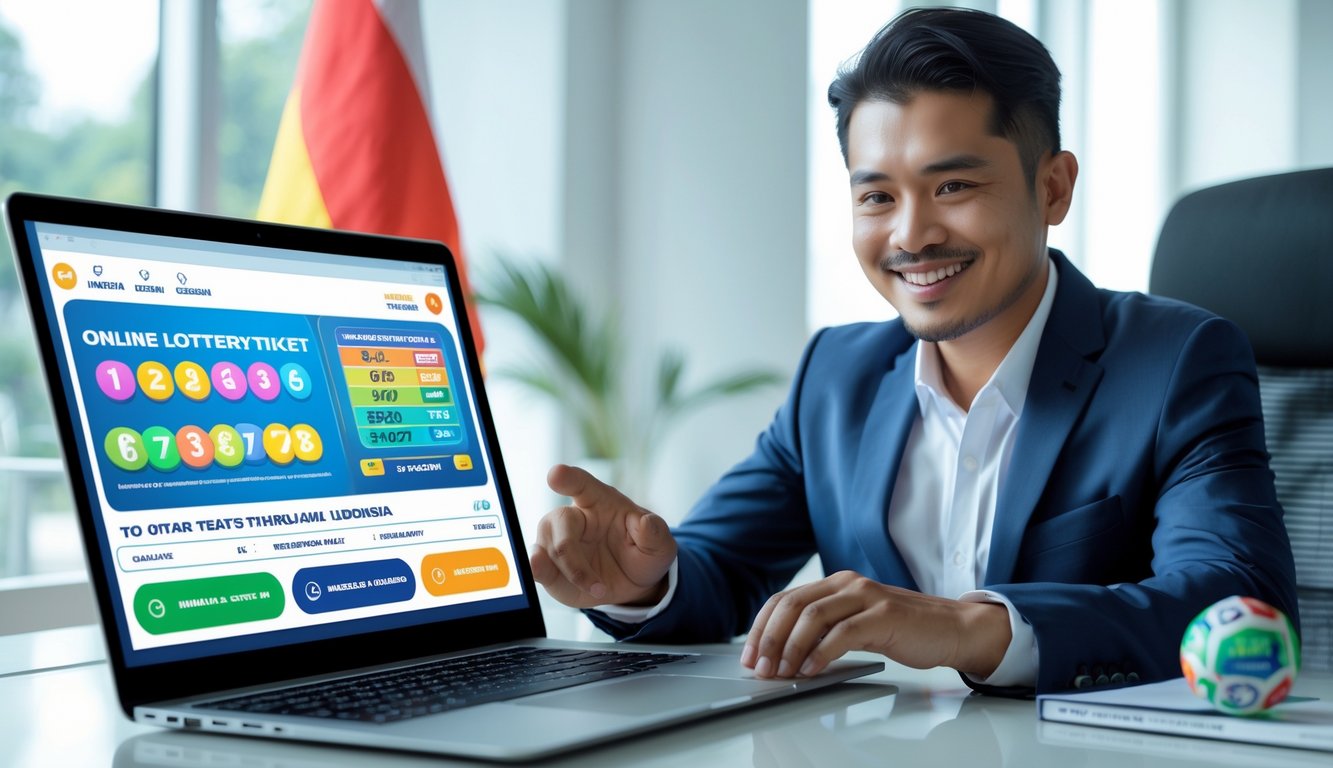 Seorang pria Indonesia yang percaya diri menggunakan laptop di meja dengan tampilan antarmuka lotere online di layar, di ruang kantor modern.