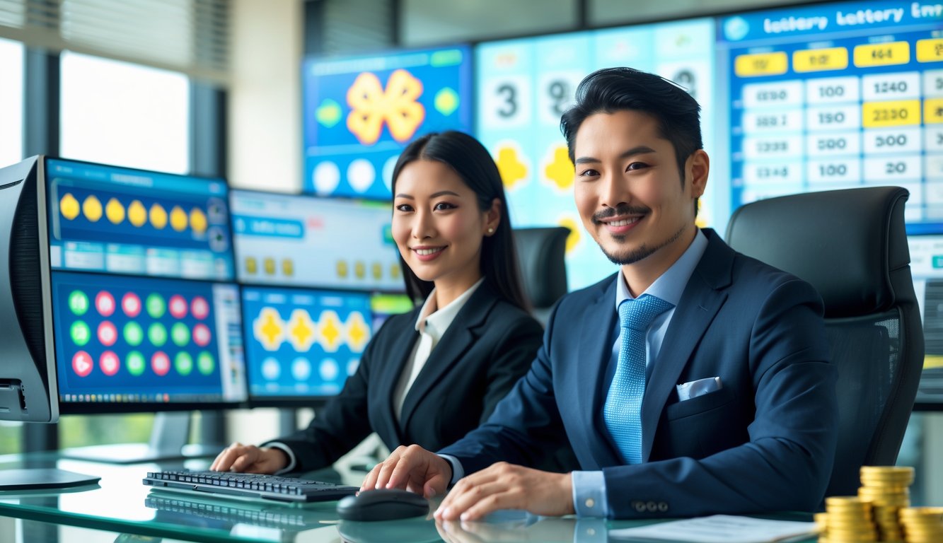 Dua orang profesional bekerja di kantor modern dengan beberapa layar komputer yang menampilkan grafik dan angka lotere.