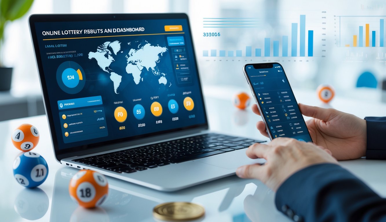 Seseorang menggunakan laptop dan smartphone di meja kerja dengan bola lotere dan grafik data di sekitar, menunjukkan aktivitas judi togel online.