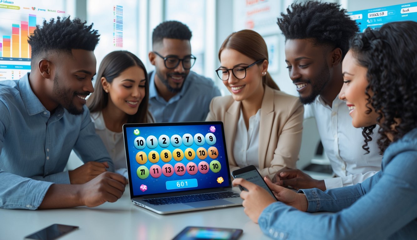 Sekelompok orang menggunakan laptop dan ponsel untuk bermain togel online di ruangan kantor yang terang dengan ekspresi fokus dan antusias.