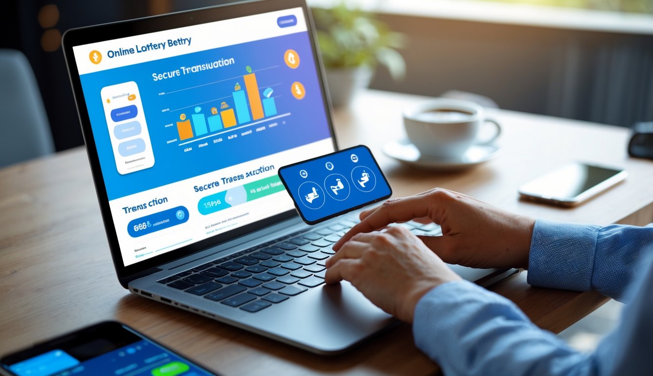 Seseorang menggunakan laptop di meja kerja dengan tampilan antarmuka transaksi judi togel online yang aman dan cepat.