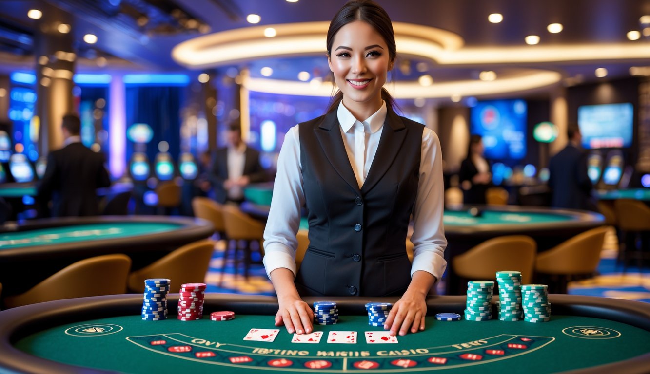 Seorang dealer wanita profesional berdiri di belakang meja kasino dengan kartu dan chip, di dalam ruangan kasino mewah dengan pencahayaan hangat dan pemain lain di latar belakang.