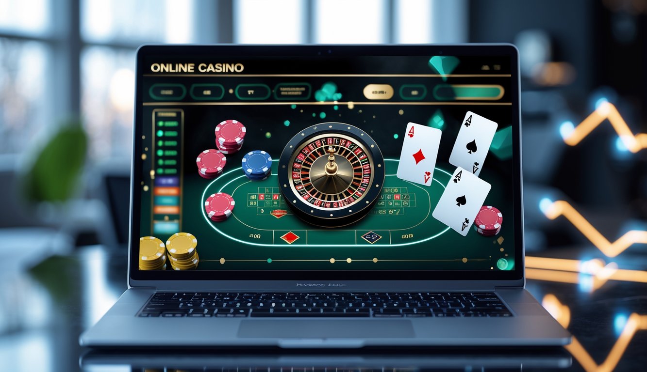 Sebuah laptop menampilkan antarmuka kasino online dengan chip poker dan kartu, dikelilingi simbol transaksi cepat dan aman.