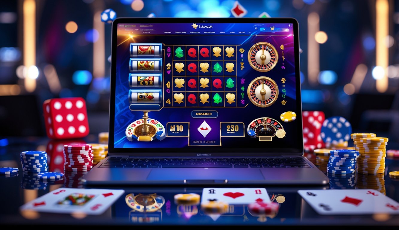 Layar komputer menampilkan permainan kasino online dengan mesin slot, kartu poker, roda roulette, dan chip di sekitarnya.