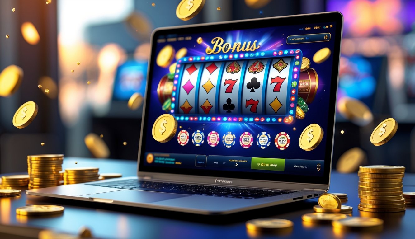 Seorang pengguna sedang bermain permainan kasino online di laptop dengan latar belakang suasana yang hangat dan elemen koin dan uang mengambang di sekitarnya.