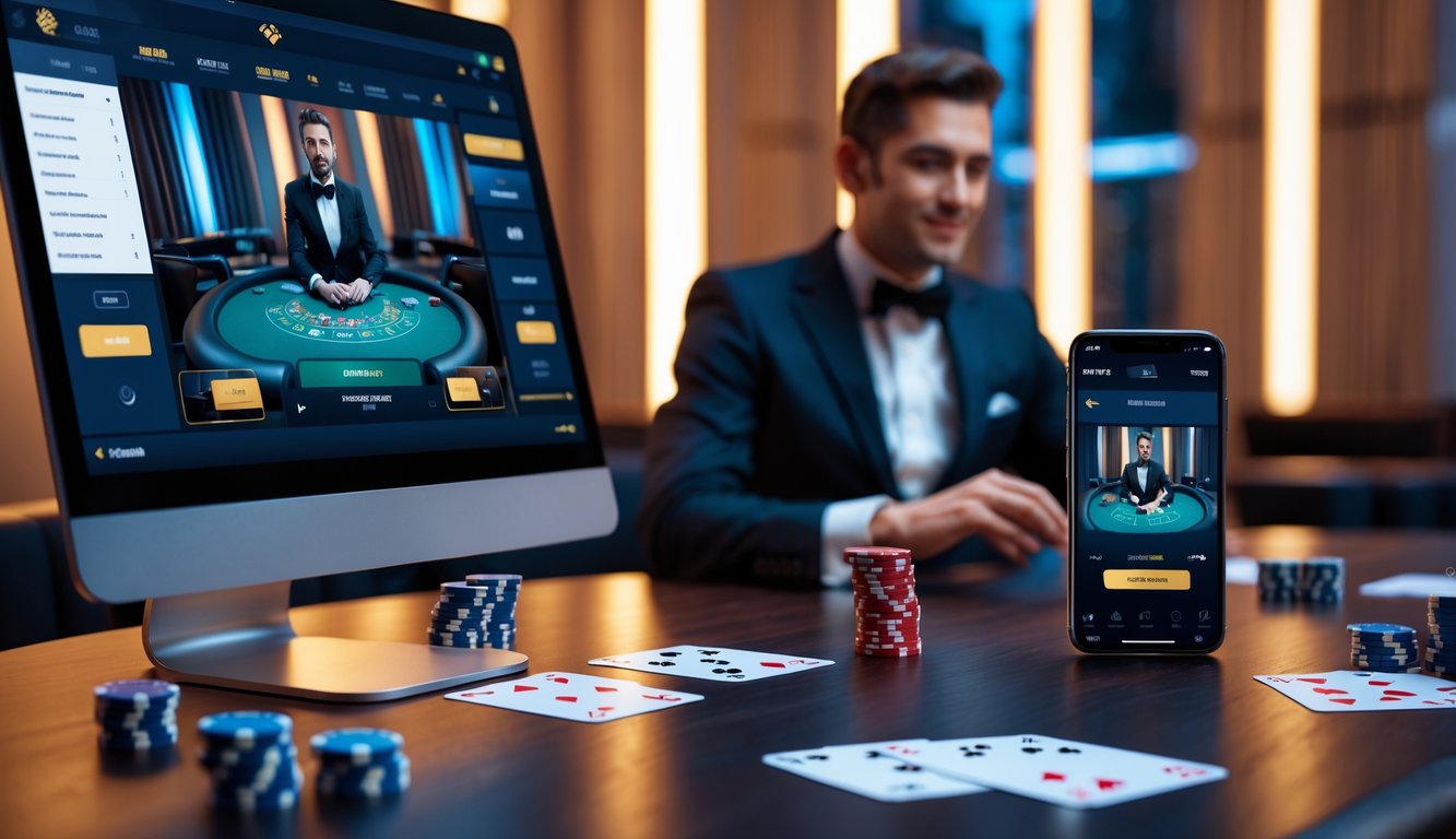 Seorang dealer kasino langsung yang sedang bermain di depan kamera dengan perangkat komputer dan ponsel yang menampilkan permainan kasino online di meja dengan chip dan kartu.