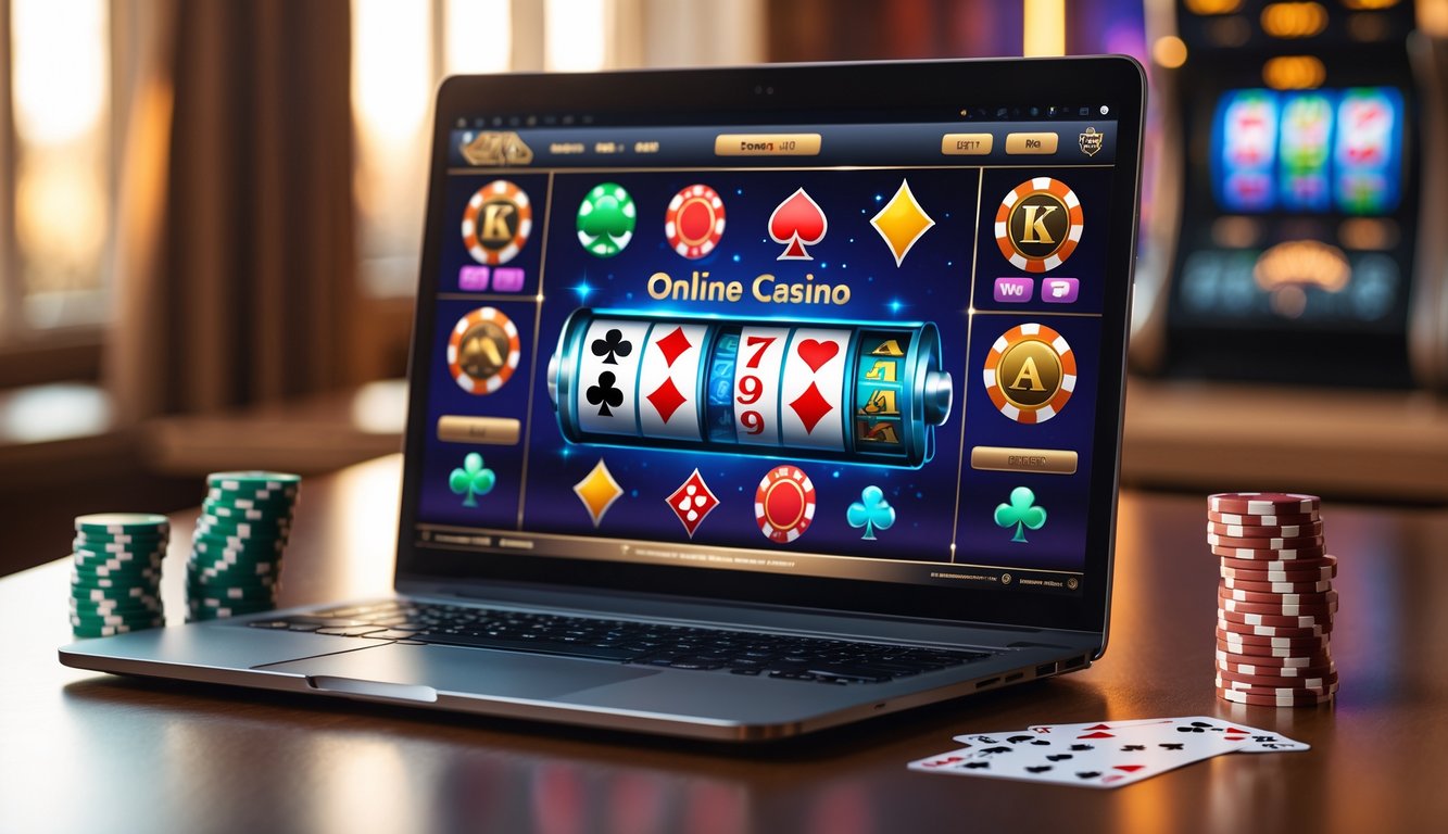 Sebuah laptop dengan layar menampilkan permainan kasino online, dikelilingi oleh tumpukan chip poker dan kartu bermain di atas meja kayu.