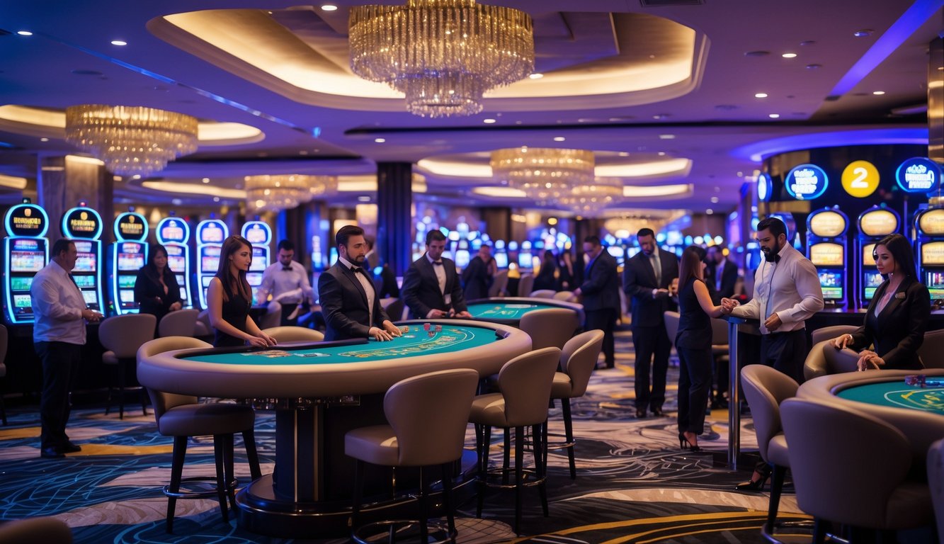 Suasana lantai kasino modern dengan meja permainan dan pemain yang sedang bermain, staf yang ramah, serta mesin slot yang menyala.