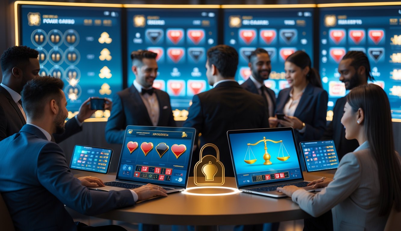 Orang-orang bermain permainan kasino online di ruangan modern dengan layar komputer dan ponsel, menampilkan suasana yang aman dan adil.