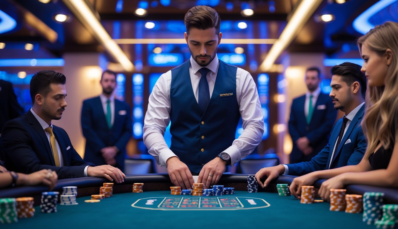 Suasana kasino mewah dengan dealer dan pemain di meja poker serta petugas keamanan yang terlihat di latar belakang.