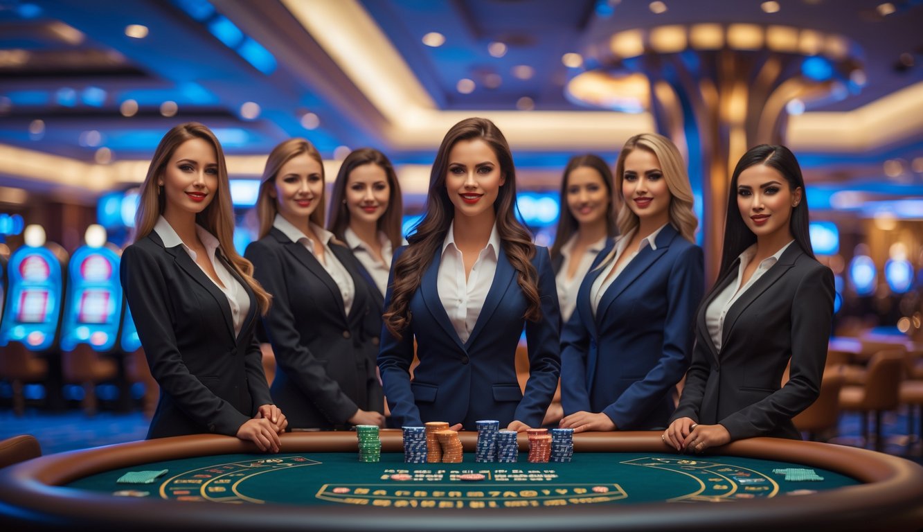 Beberapa dealer wanita profesional berdiri di belakang meja kasino modern dengan latar belakang interior kasino mewah.