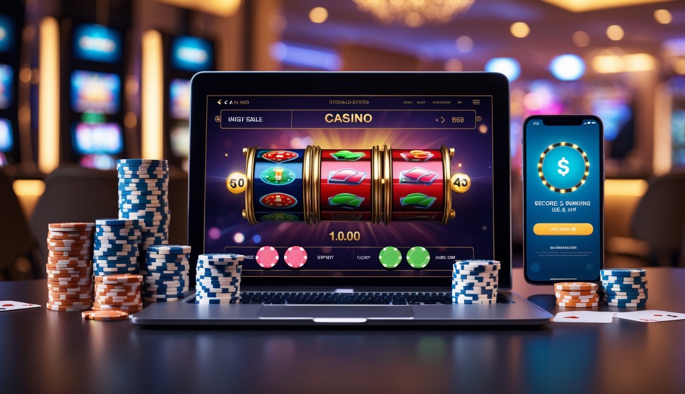 Seorang pengguna sedang bermain permainan kasino online di laptop dengan tumpukan chip poker dan kartu remi di meja, serta ponsel yang menampilkan aplikasi perbankan.