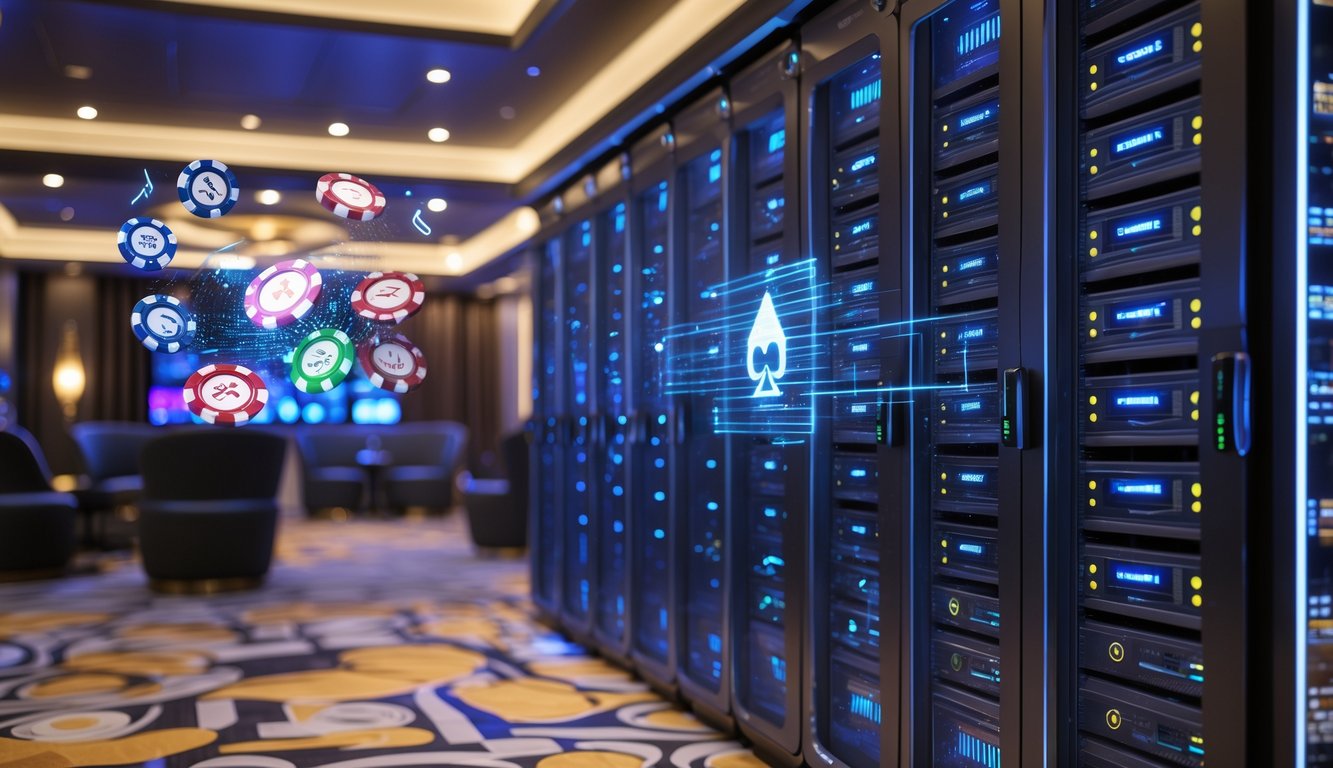 Ruangan server kasino online yang modern dengan lampu LED menyala dan latar belakang area lounge kasino yang elegan.