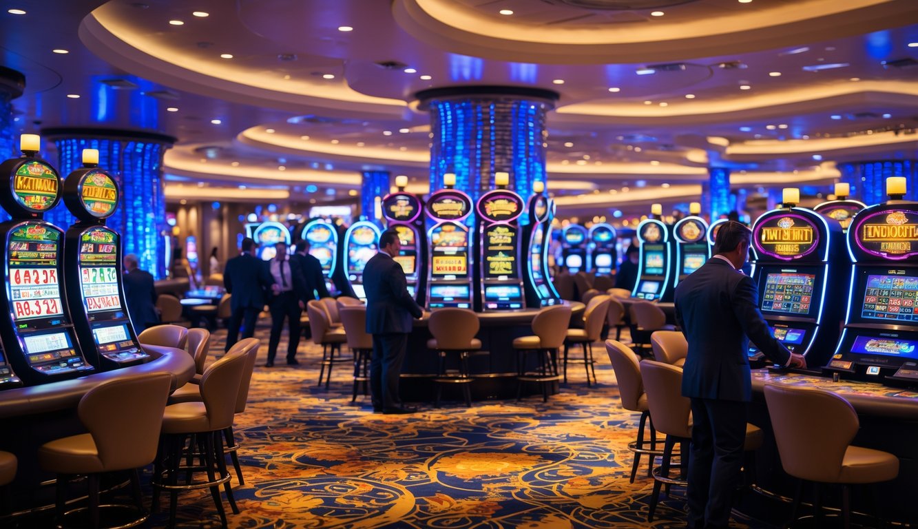 Suasana kasino mewah dengan mesin slot, meja roulette, dan pemain yang sedang bermain di lingkungan yang elegan dan cerah.