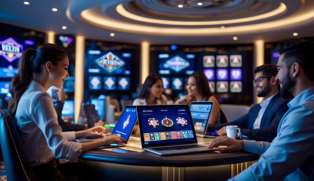 Beberapa orang bermain berbagai permainan kasino langsung di perangkat digital di ruangan kasino modern yang mewah.