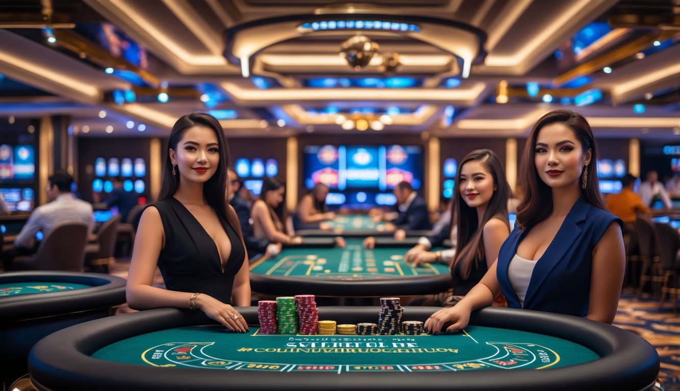 Suasana lantai kasino modern dengan meja permainan dan pemain yang sedang bermain dengan fokus dan percaya diri.