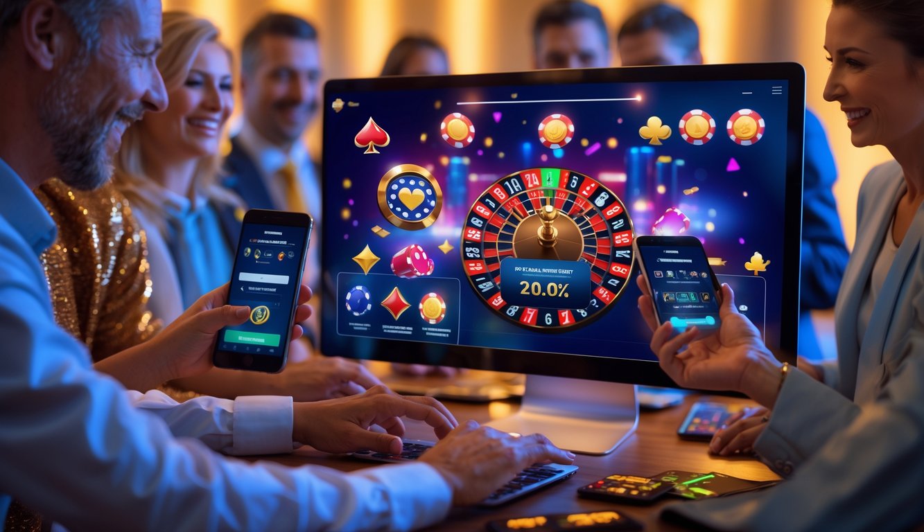 Orang-orang menggunakan perangkat digital untuk bermain permainan kasino online dengan suasana mewah dan ceria.