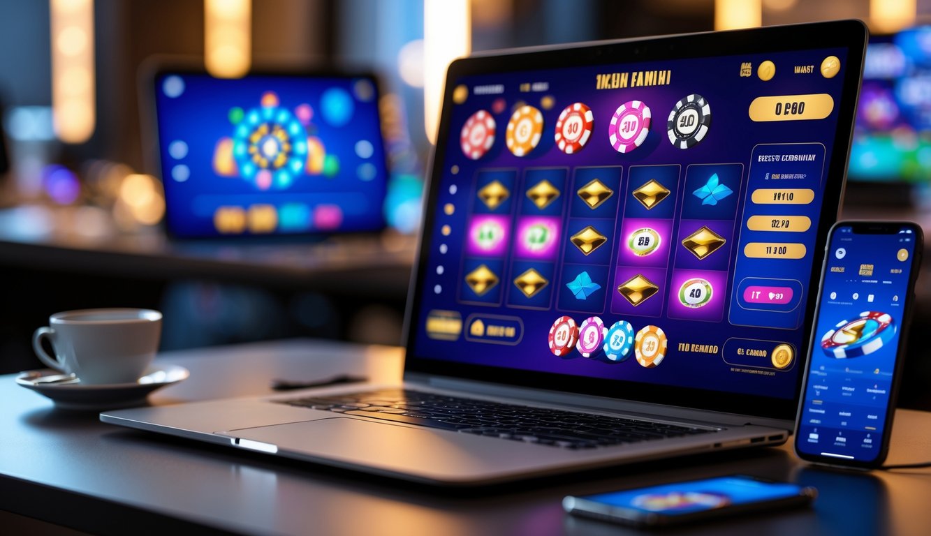 Seorang pengguna sedang bermain permainan kasino online di laptop dengan chip dan kartu di meja.