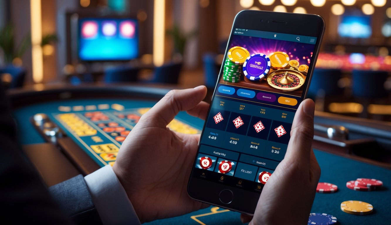 Seseorang memegang ponsel yang menampilkan permainan kasino online dengan latar belakang ruang permainan kasino yang elegan.
