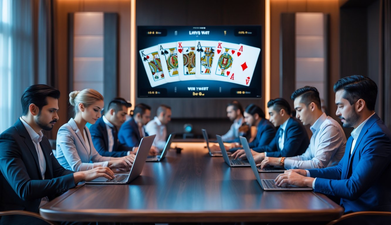 Sekelompok orang dewasa bermain poker online dengan perangkat digital di ruangan modern yang terang dan nyaman.