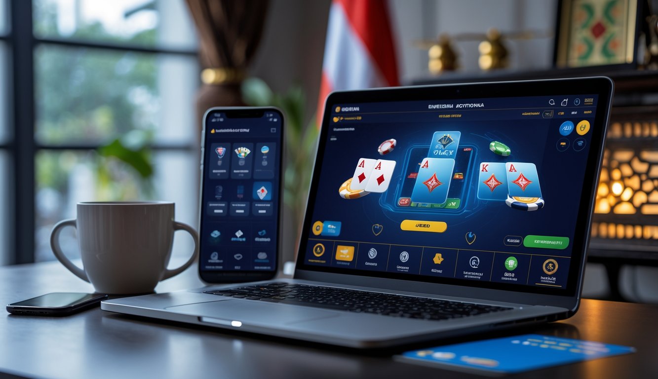 Seorang pemain poker online menggunakan laptop di meja kerja dengan suasana tenang dan elemen budaya Indonesia di latar belakang.
