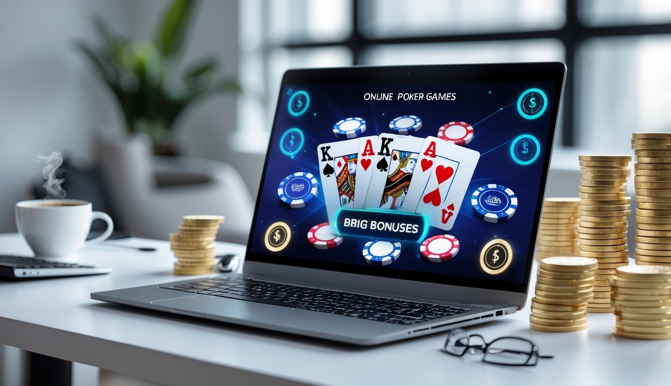 Seseorang bermain poker online di komputer dengan tumpukan chip dan uang di sekitarnya, menunjukkan suasana permainan judi yang profesional dan cepat.