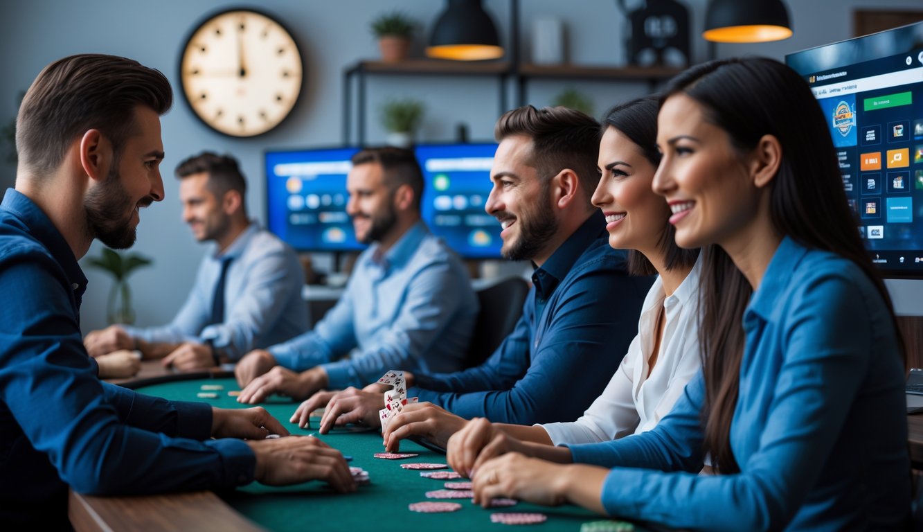 Orang-orang bermain poker online di ruangan dengan beberapa monitor komputer dan suasana yang nyaman.