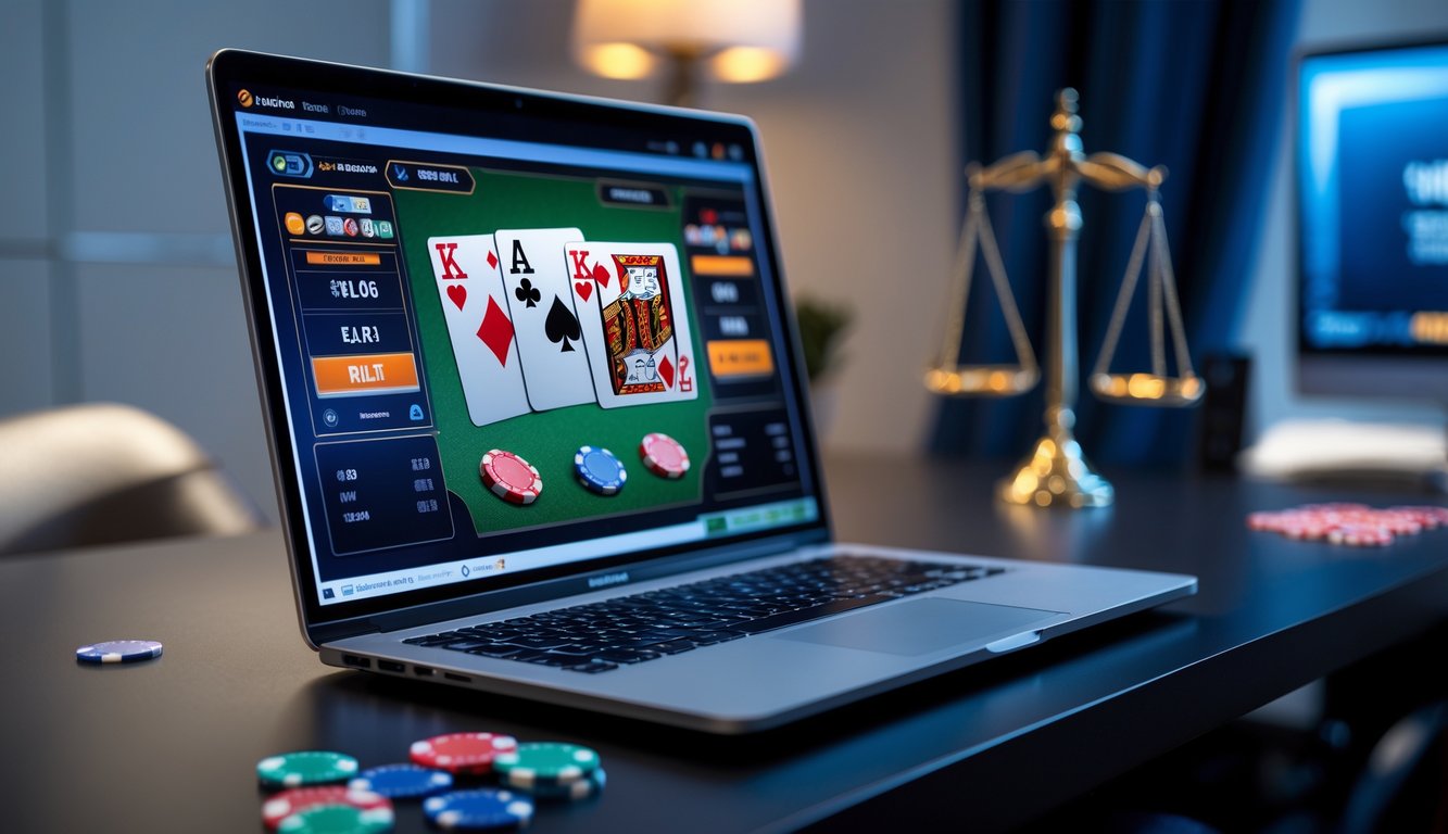 Sebuah meja kerja modern dengan komputer yang menampilkan permainan poker online dan chip poker digital.