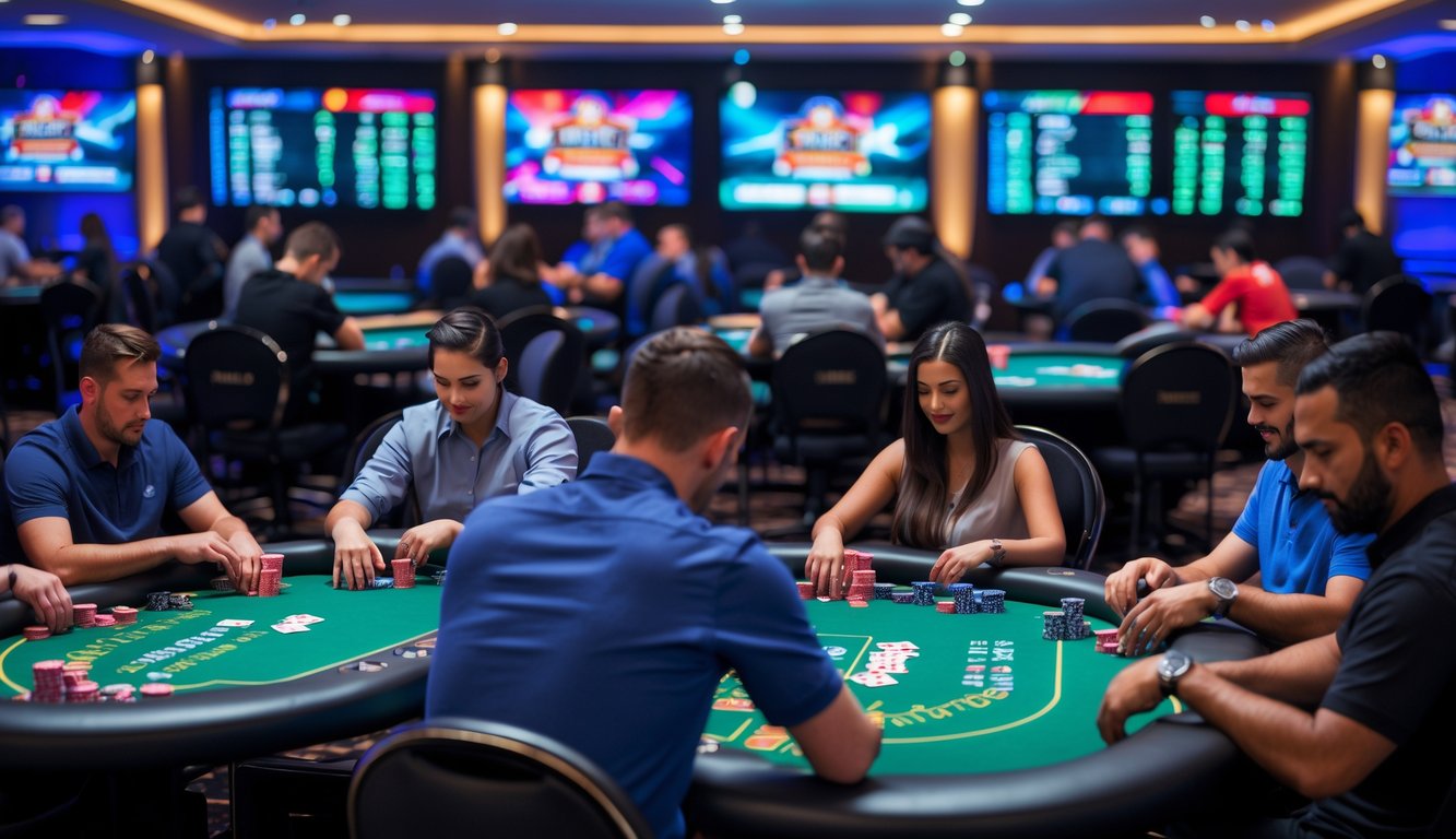 Ruangan poker modern dengan beberapa meja poker dan pemain yang sedang bermain kartu.