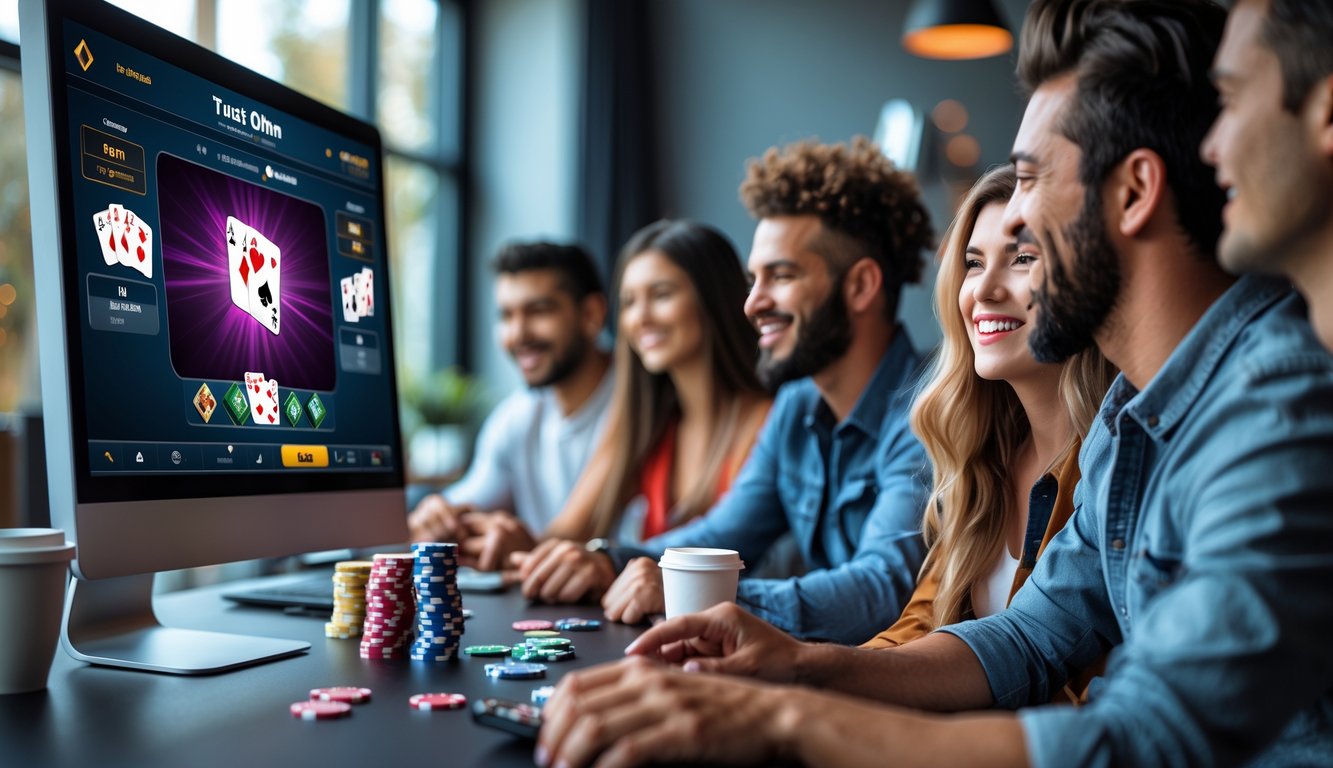 Sekelompok orang muda bermain poker online bersama di sebuah ruangan yang nyaman dengan komputer dan tumpukan chip poker di meja.