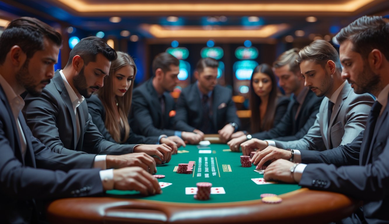 Sekelompok pemain profesional sedang bermain poker di meja hijau dalam ruangan kasino yang mewah.