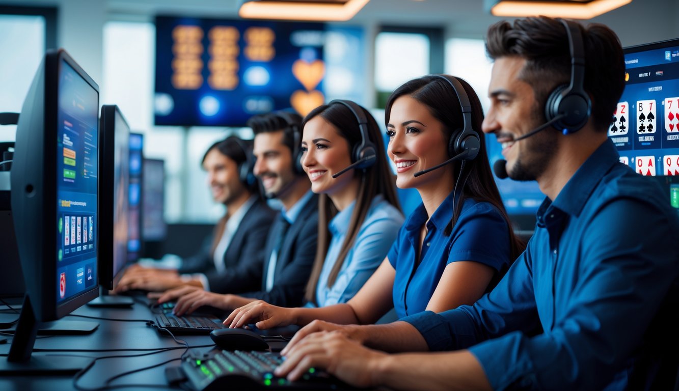 Beberapa staf layanan pelanggan ramah sedang bekerja dengan komputer di kantor yang modern dan rapi, dengan layar menampilkan permainan poker online.