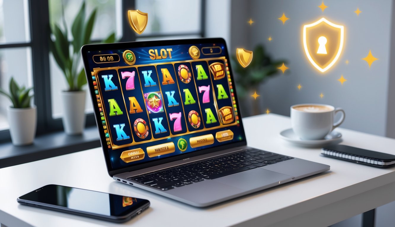 Seorang pengguna duduk di depan komputer dengan layar menampilkan permainan slot online yang berwarna-warni di lingkungan kerja yang rapi dan profesional.