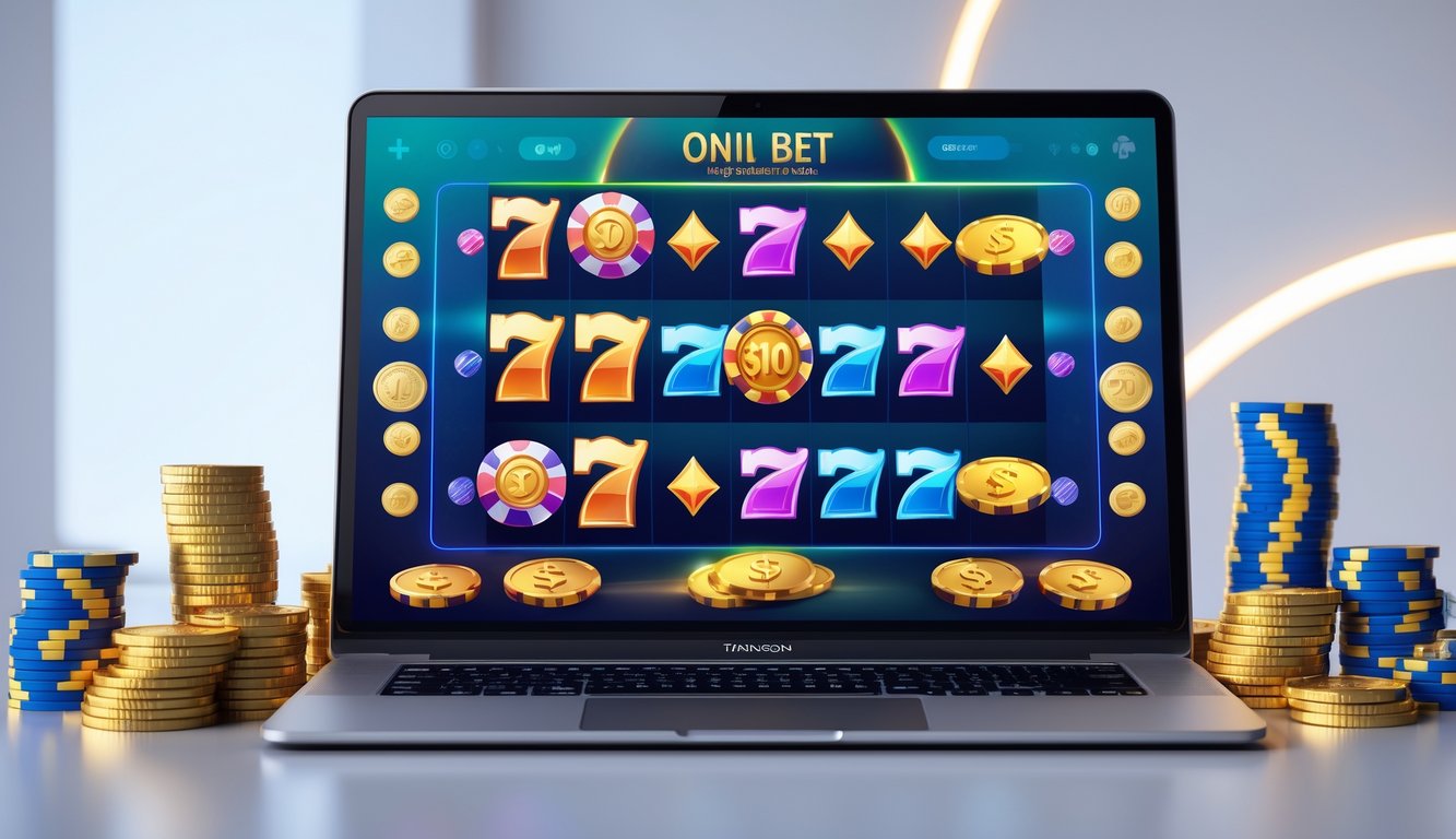 Layar komputer menampilkan permainan mesin slot dengan simbol jackpot, dikelilingi oleh tumpukan chip poker dan koin emas.