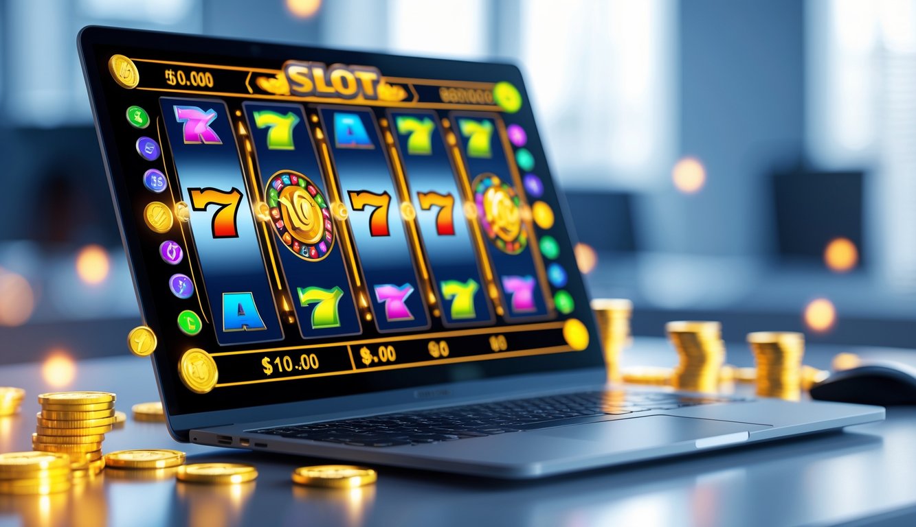 Seorang pengguna sedang bermain permainan slot online di komputer dengan tampilan grafis mesin slot berwarna-warni dan koin digital di sekitar meja.