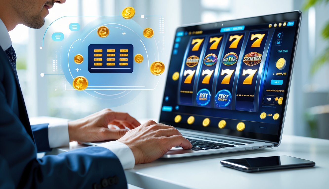 Seseorang menggunakan laptop dan ponsel di ruang kerja modern dengan latar belakang grafis digital yang menggambarkan permainan slot online dan transaksi cepat.