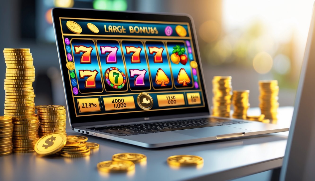Seorang pengguna duduk di depan komputer dengan tampilan permainan slot online berwarna-warni, dikelilingi oleh tumpukan chip kasino dan koin emas.