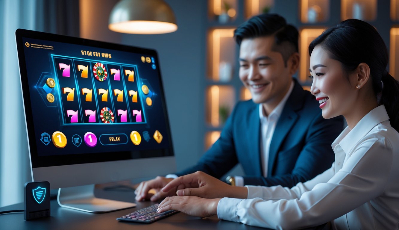 Seorang pria dan wanita Indonesia yang percaya diri menggunakan perangkat digital dengan tampilan mesin slot berwarna-warni di layar dalam suasana ruangan yang nyaman dan aman.