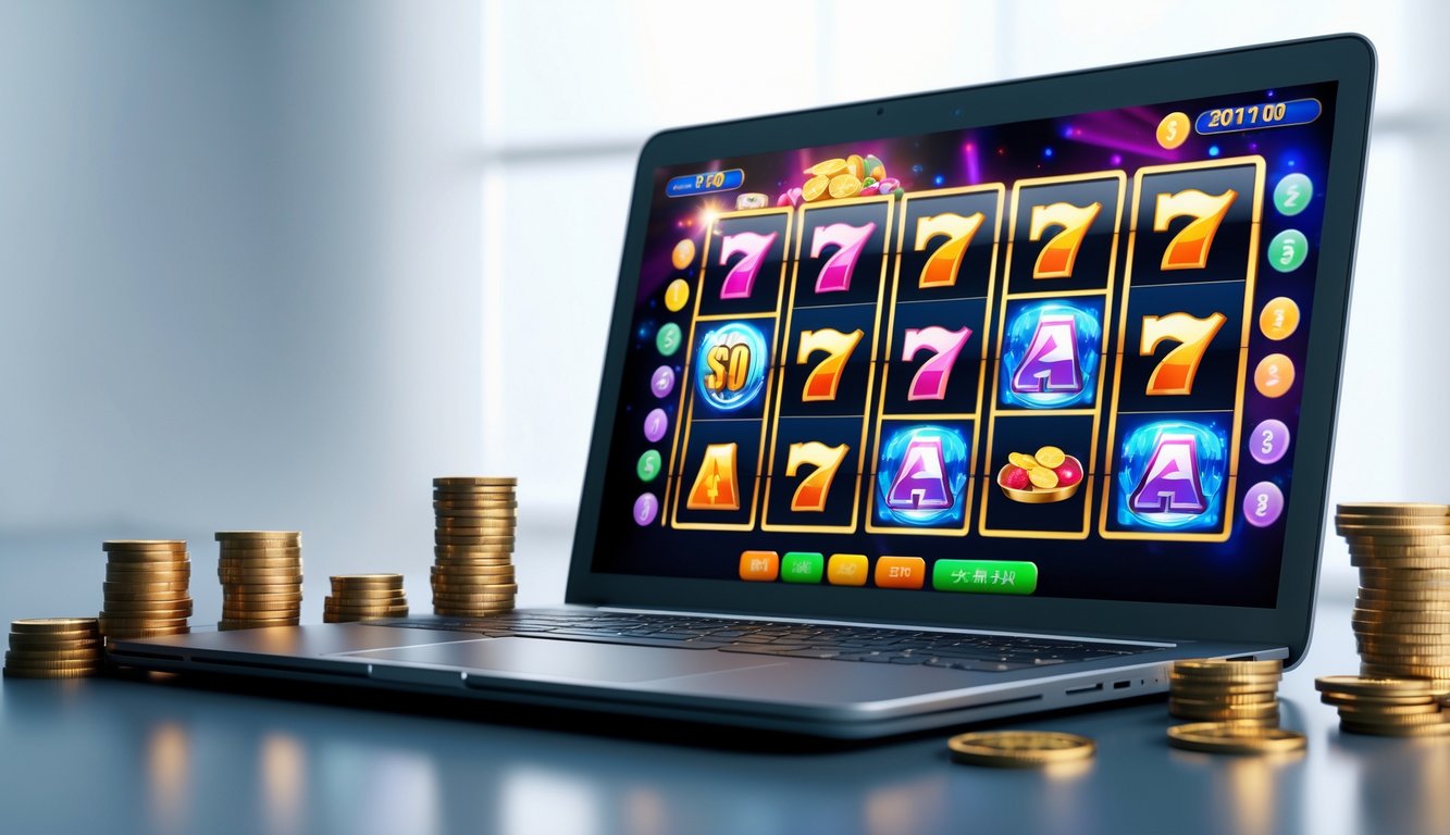 Seorang pengguna bermain mesin slot online di depan komputer dengan koin kecil di meja.