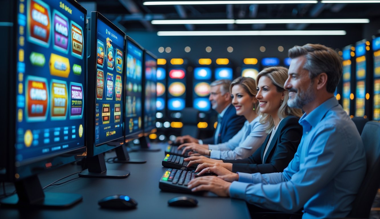 Orang-orang bermain permainan slot online di ruangan dengan layar komputer dan rak server yang menyala.