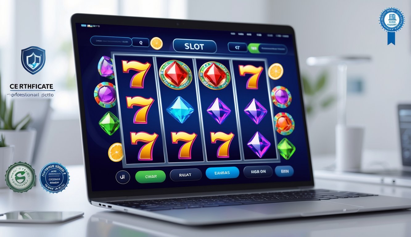 Sebuah komputer menampilkan permainan mesin slot online dengan suasana kerja yang rapi dan profesional.