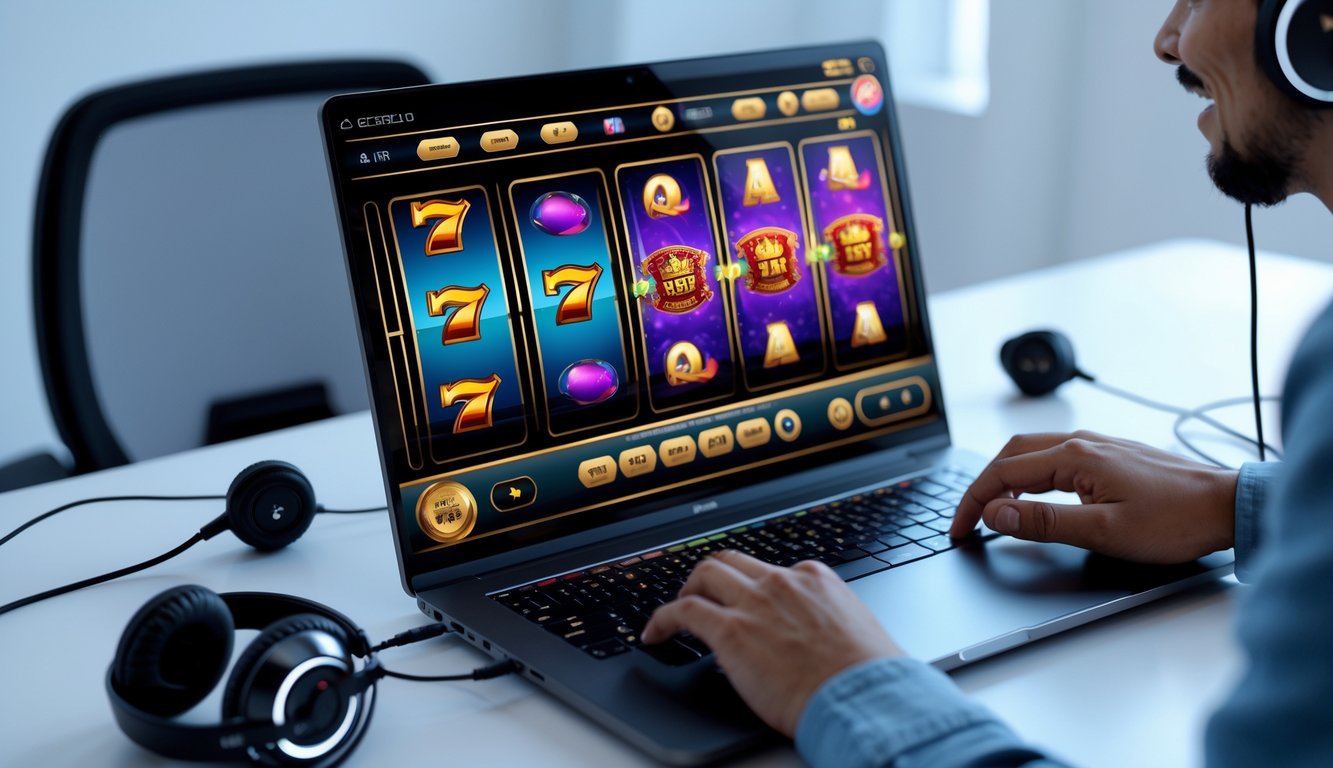 Orang sedang menggunakan komputer dengan permainan slot online di layar dalam suasana gaming profesional.