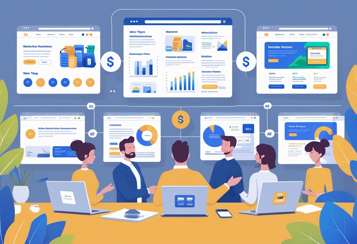 People in an office discussing different website types shown on screens and charts, illustrating how website types affect design costs.