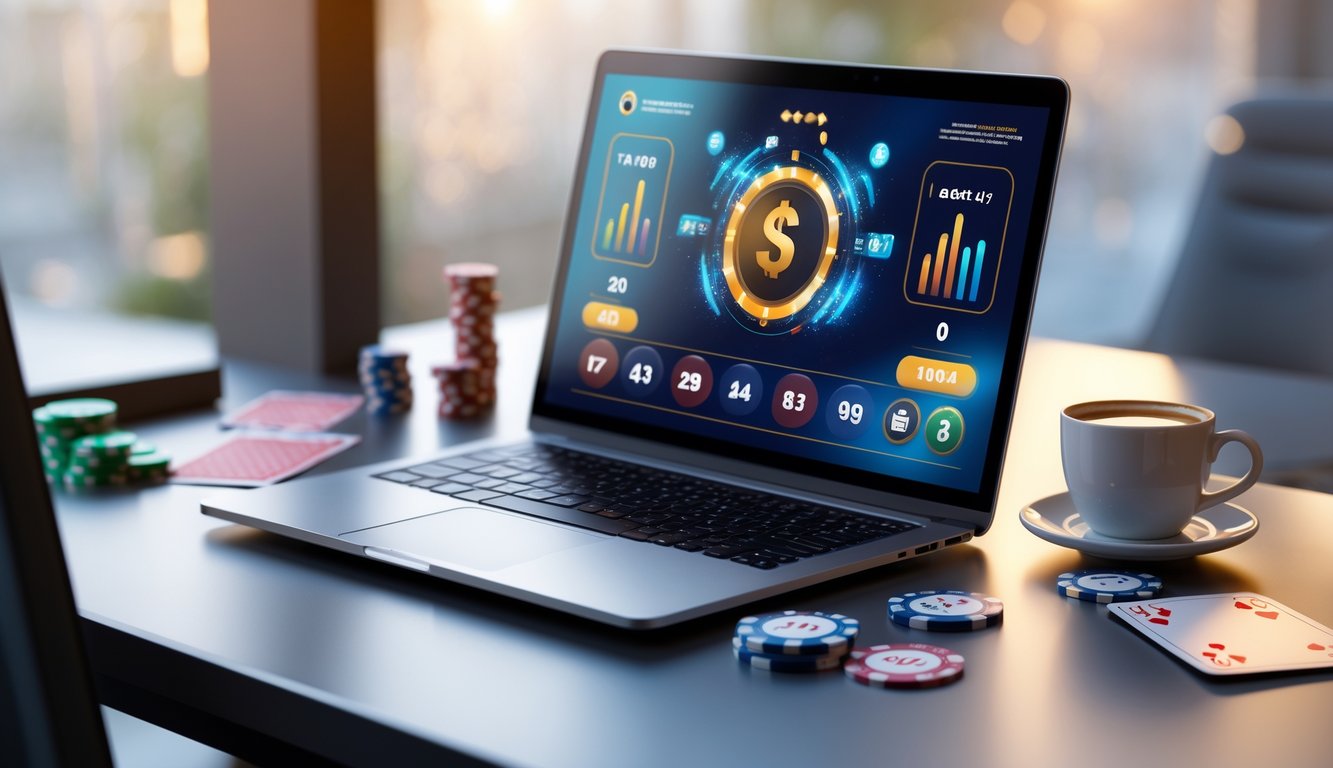 Seorang pengguna duduk di depan komputer dengan layar menampilkan antarmuka permainan judi angka, di meja terdapat chip poker dan kartu remi.