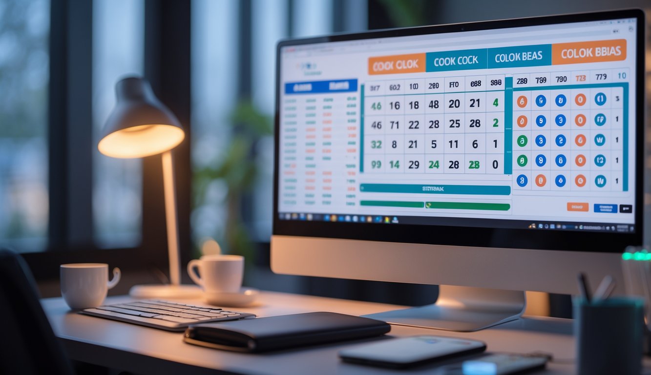Seorang pengguna sedang menggunakan komputer dengan tampilan situs judi online yang menampilkan angka dan grafik taruhan, di meja terdapat ponsel dan cangkir kopi, suasana terlihat aman dan nyaman.