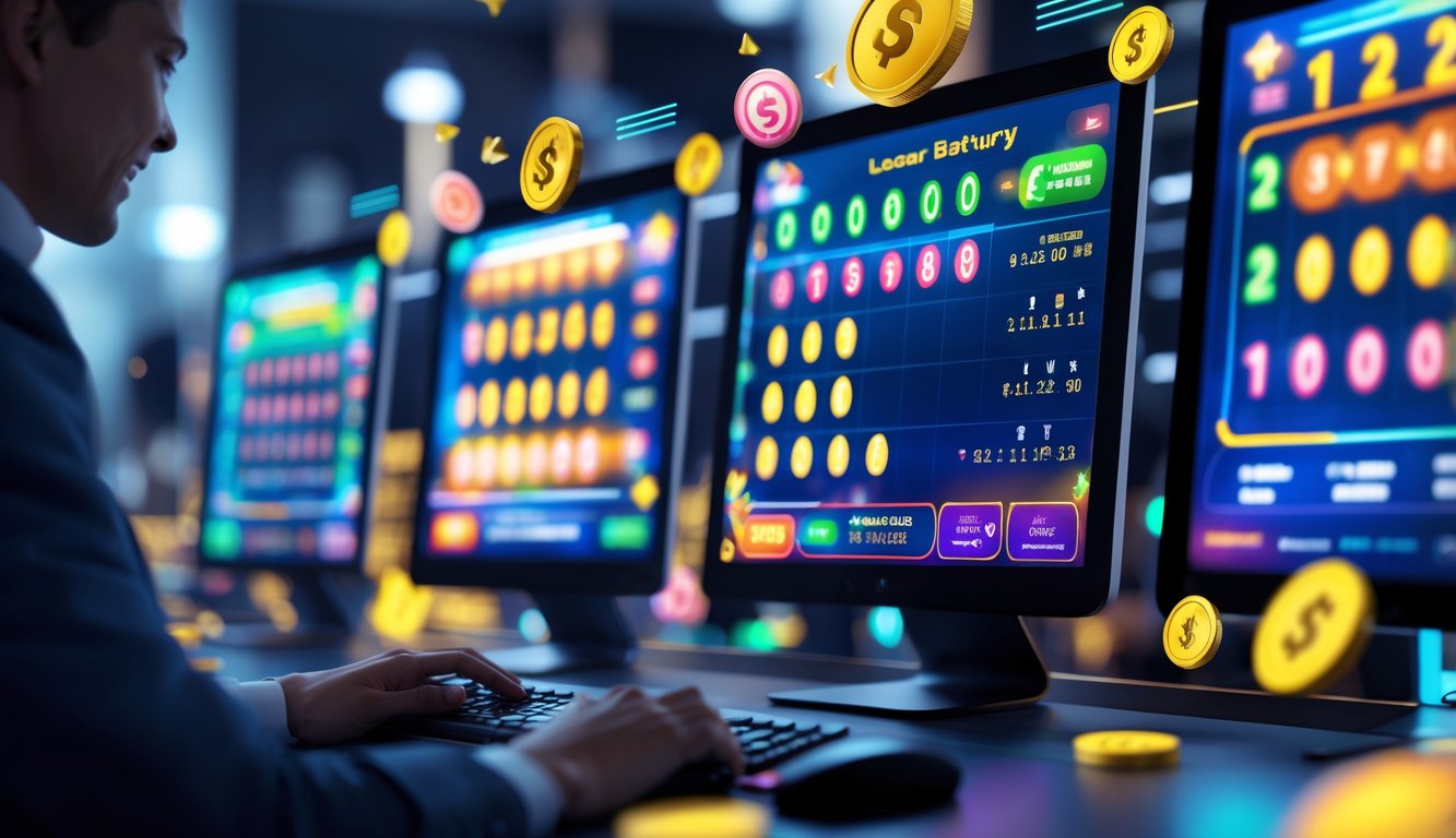 Seseorang menggunakan komputer dengan layar menampilkan angka lotre dan grafik taruhan dalam ruangan modern.