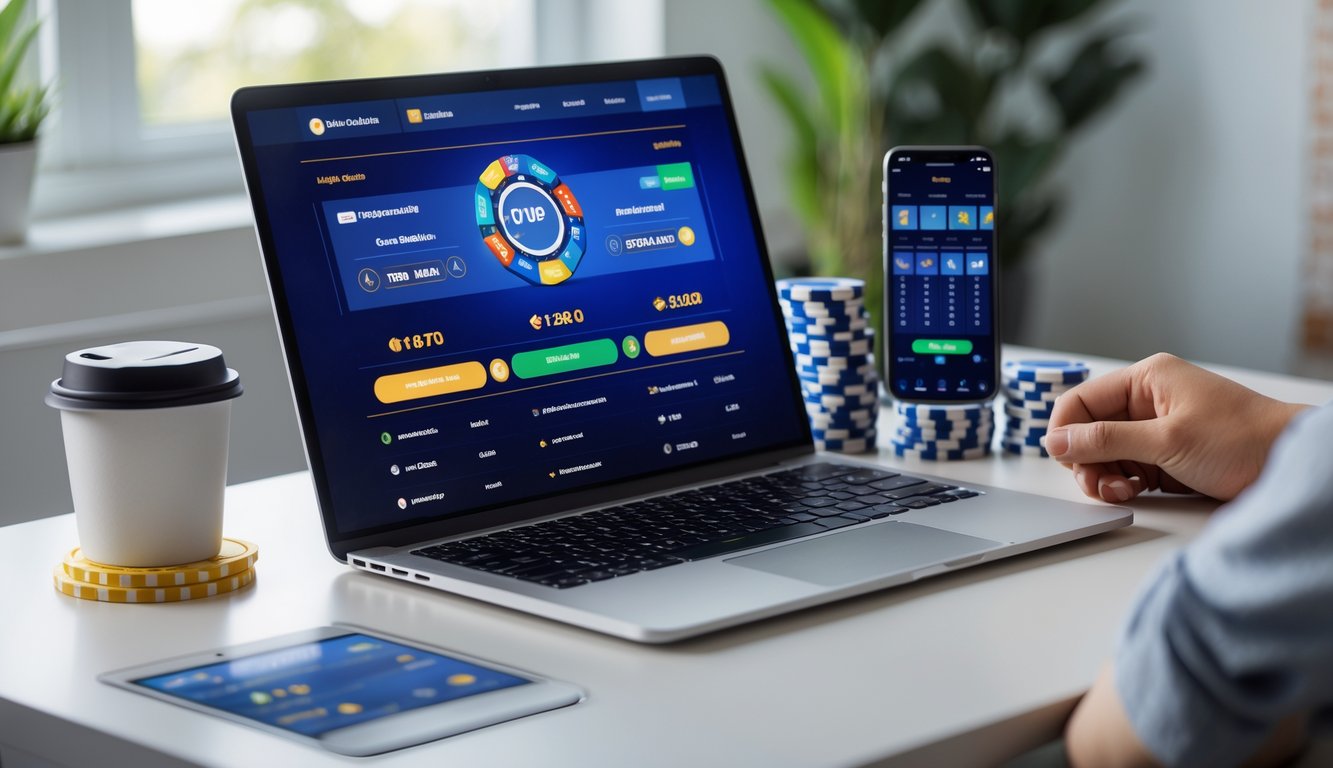 Seorang pria duduk di depan laptop di meja kerja dengan layar menampilkan situs judi online, suasana nyaman dengan cahaya alami dan tanaman di dekat jendela.